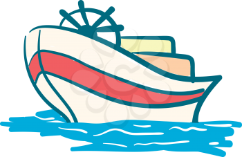 A modern yacht with steering wheels floating on the water vector color drawing or illustration 