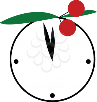 A white round dial clock with cherry decoration is showing time vector color drawing or illustration 