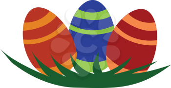Three decorated easter eggs are place of green leaf nest vector color drawing or illustration 
