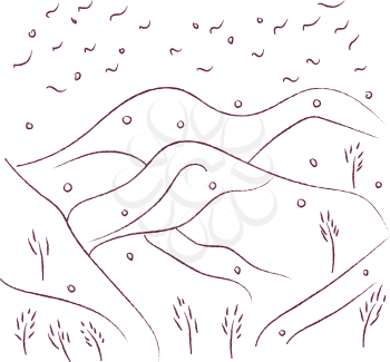A black and white line art of landscape of hilly area with birds flying on the sky vector color drawing or illustration 