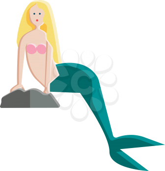A mermaid is resting on a stone with its long fish tail vector color drawing or illustration 