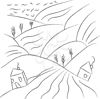 Line art of an village on the slope of mountains vector color drawing or illustration 