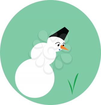 A snowman with black hat and carrot nose is looking at green grass vector color drawing or illustration 