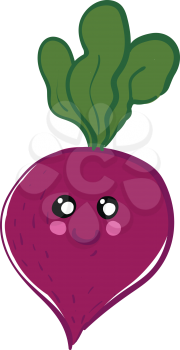 Vector illustration of a cute smiling purple beet with green leafs white background 