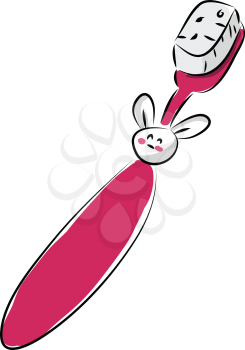 Pink toothbrush for children with a bunny on vector illustration o white background 