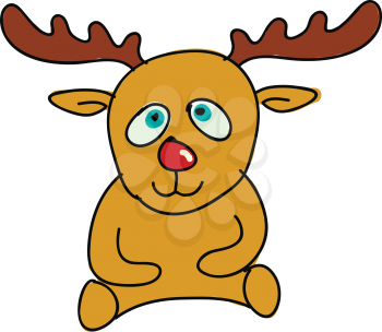A small deer with red nose looking happy vector color drawing or illustration