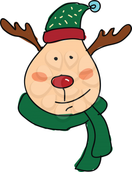 A deer wearing a green scarf and a green stocking cap vector color drawing or illustration