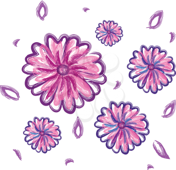 Calendula purple flowers randomly arranged around each other and surrounded by leaves vector color drawing or illustration
