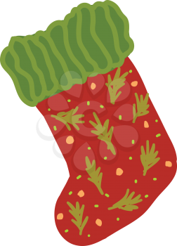 A red sock with green border small peach circles and green leaves design drawn on it vector color drawing or illustration