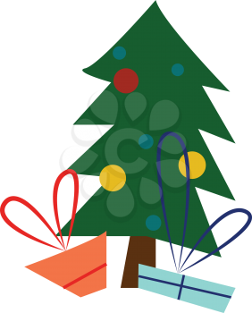 A decorated christmas tree with gifts around it vector color drawing or illustration