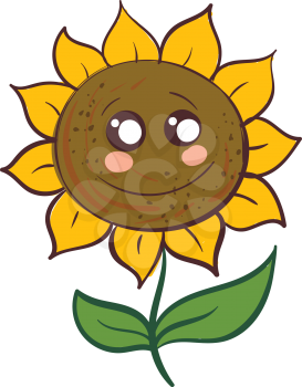 Cute smiling sunflower with green leaves vector illustration on white background