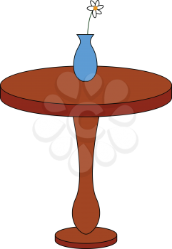 Simple round brown table with a  white flower in blue vase on top vector illustration on white background