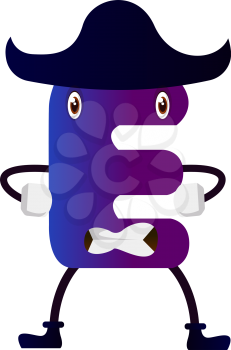 Purple letter E with black hat vector illustartion on white background