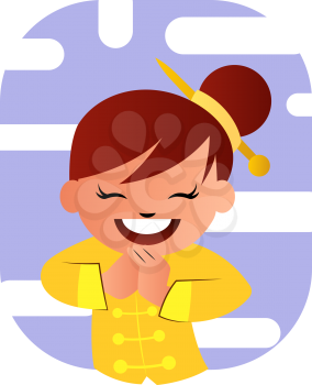 Cute cartoon chinese girl in yellow suit vector illustration on white background