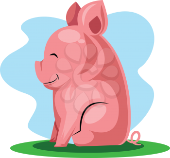 Happy pig sitting on a grass Chinese New Year illustration vector on white background