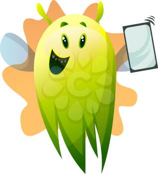 Smiling cartoon green monster with phone vector illustartion on white background