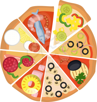 Eight different slices of pizza illustration vector on white background