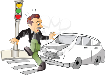 Road Safety, Man About to be Hit by a Car, vector illustration