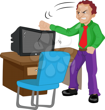 Angry Man Pounding on a TV or computer, vector illustration