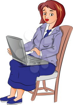 Vector illustration of a sad businesswoman using laptop on chair.