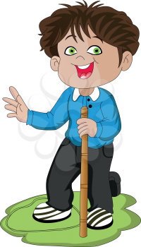 Vector illustration of excited boy holding a stick.