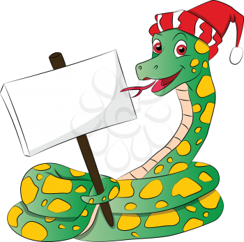 Vector illustration of a snake wearing santa hat and holding a blank signboard.