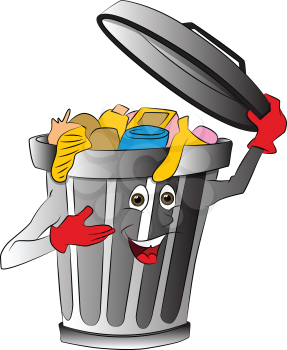 Vector illustration of overloaded dustbin holding lid.