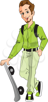 Vector illustration of happy young man holding skateboard.