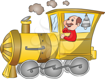 Vector illustration of happy driver riding a steam engine.