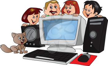 Vector of happy family and pet dog with a newly purchased computer.