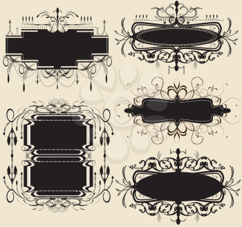 Vintage labels with ornate elegant abstract floral design, black on gray. Vector illustration.