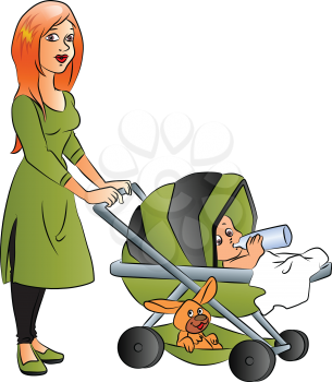 Vector illustration of mother pushing baby in pram who is drinking milk from bottle.