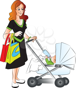 Vector illustration of mother holding shopping bags and pushing baby in pram who is drinkig milk.