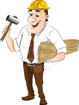Vector illustration of happy construction worker holding hammer and wooden planks.
