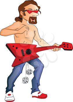 Vector illustration of shirtless male rockstar playing guitar.