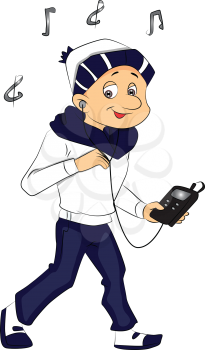 Vector illustration of happy boy listening to music on mp3 player.