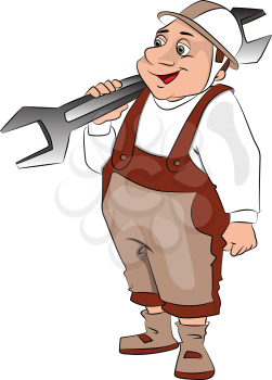 Vector illustration of fat repairman carrying a big spanner.