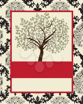 Vintage invitation card with ornate elegant abstract floral tree design, black and red on gray. Vector illustration.
