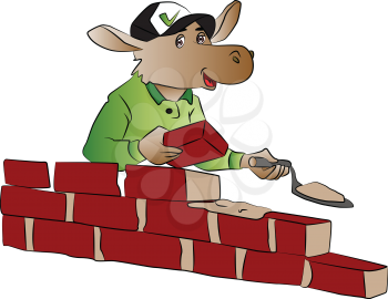 Vector illustration of a hippopotamus wearing cap and building a red brick wall.