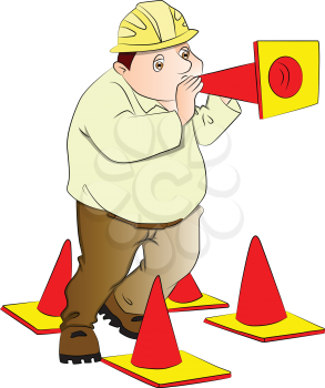 Vector illustration of a fat engineer blowing a construction cone.