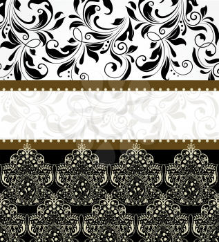 Vintage invitation card with ornate elegant abstract floral design, black and brown on gray. Vector illustration.