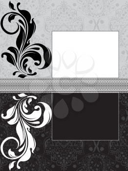 Vintage invitation card with ornate elegant abstract floral design, black white and gray. Vector illustration.