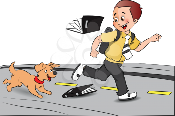 Vector illustration of a happy schoolboy running in excitement with pet dog after his exams.