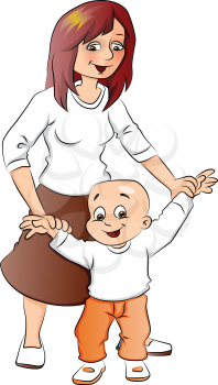 Vector illustration of mother helping her cute baby boy learning to walk.