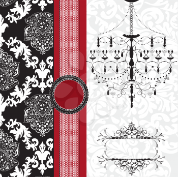 Vintage invitation card with ornate elegant abstract floral design, black and white on gray with chandelier and red ribbon. Vector illustration.