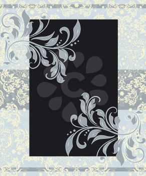 Vintage invitation card with ornate elegant abstract floral design, gray and black on pale yellow and blue. Vector illustration.