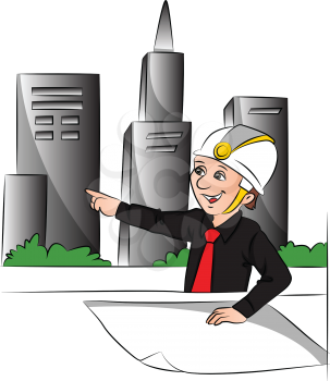 Vector illustration of happy architect with blueprint pointing at site.