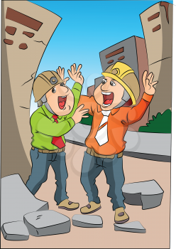 Vector illustration of two engineers screaming next to a damaged building.
