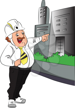 Vector illustration of happy engineer pointing towards the building.