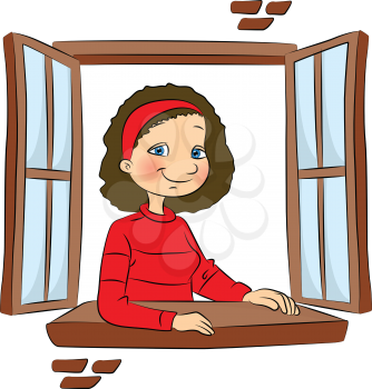 Vector illustration of a smiling girl looking out through window.